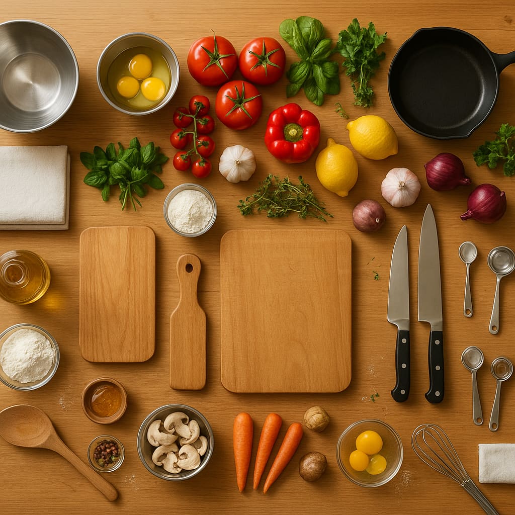 Zutaten und Kochgeschirr für Workshop